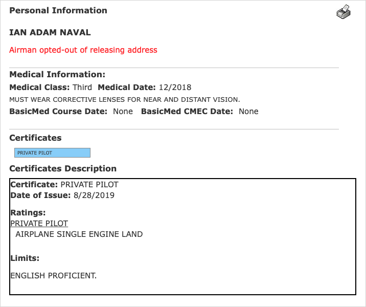 Screenshot of FAA Airman Registry showing my 3rd class medical certificate date December 2018, that I must wear corrective lenses, that I do not have BasicMed, and that I am a private pilot airplane single engine land as of 2019-08-28